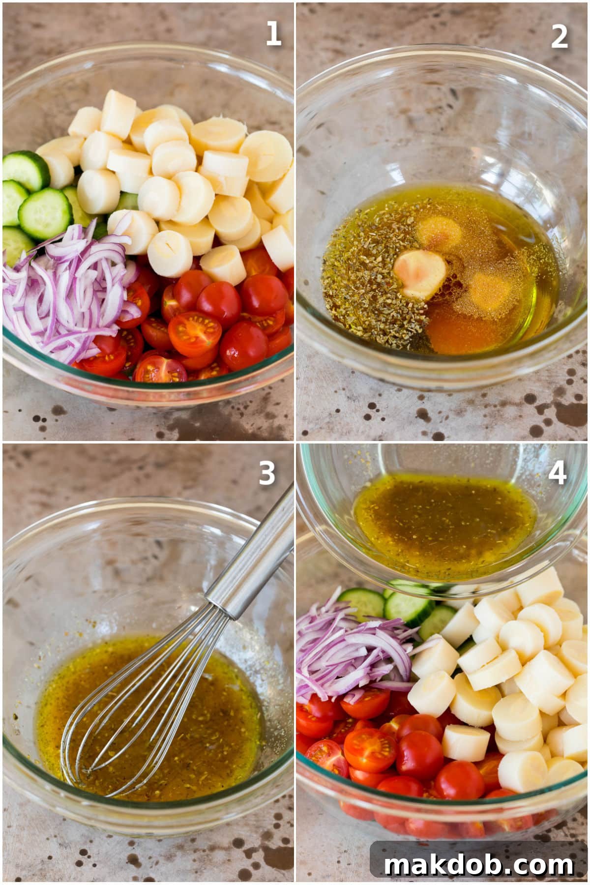 Process shots showing how to prepare a chopped salad and homemade dressing.