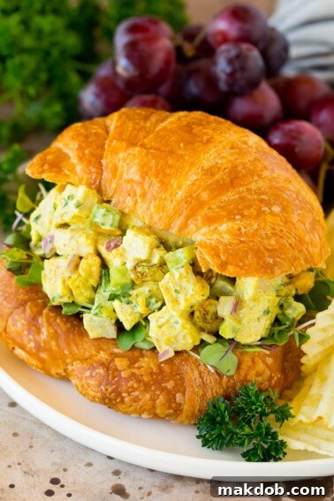 Curry chicken salad served on a croissant.