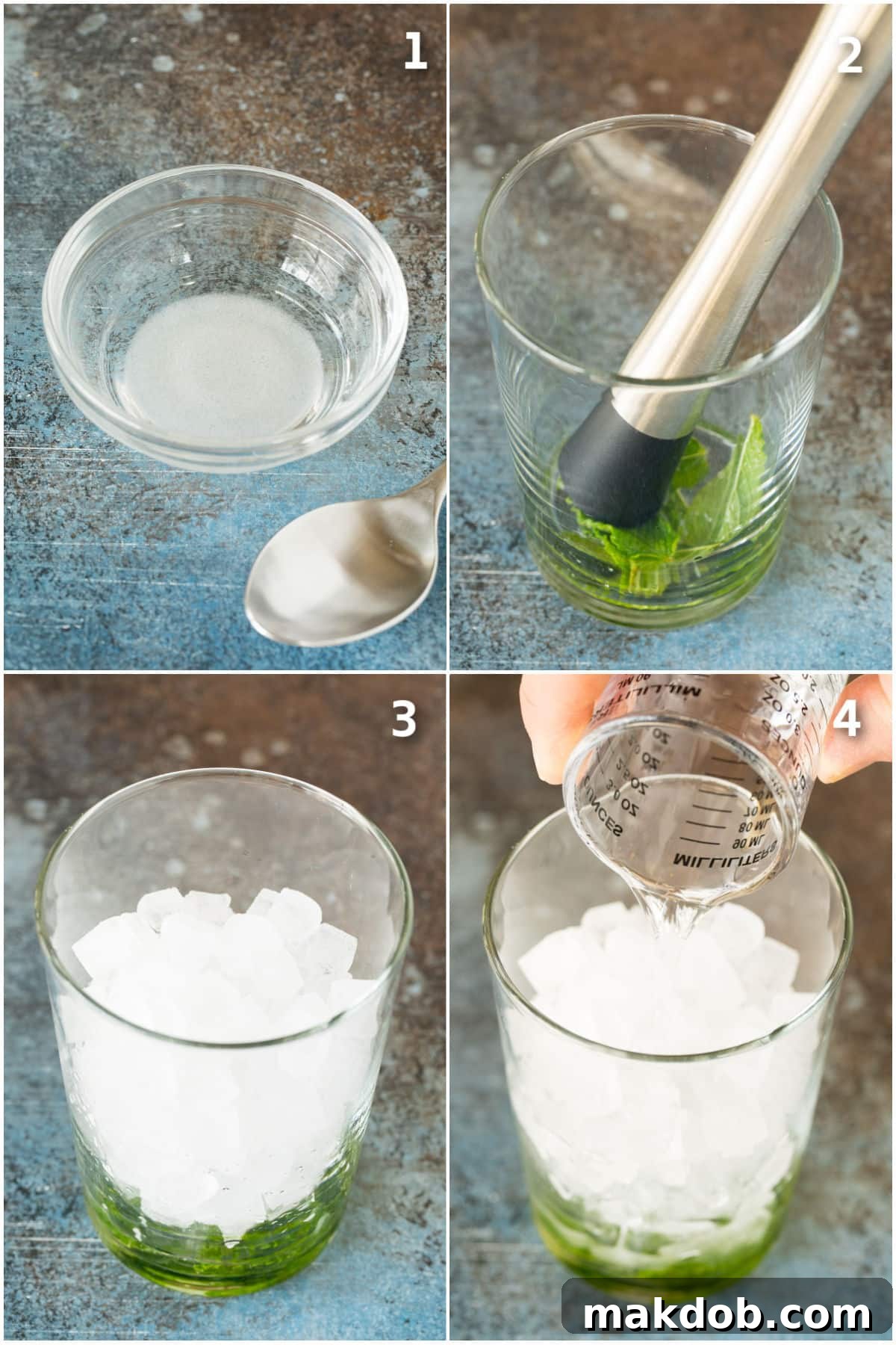 Sugar syrup and mint muddled together with ice and rum.