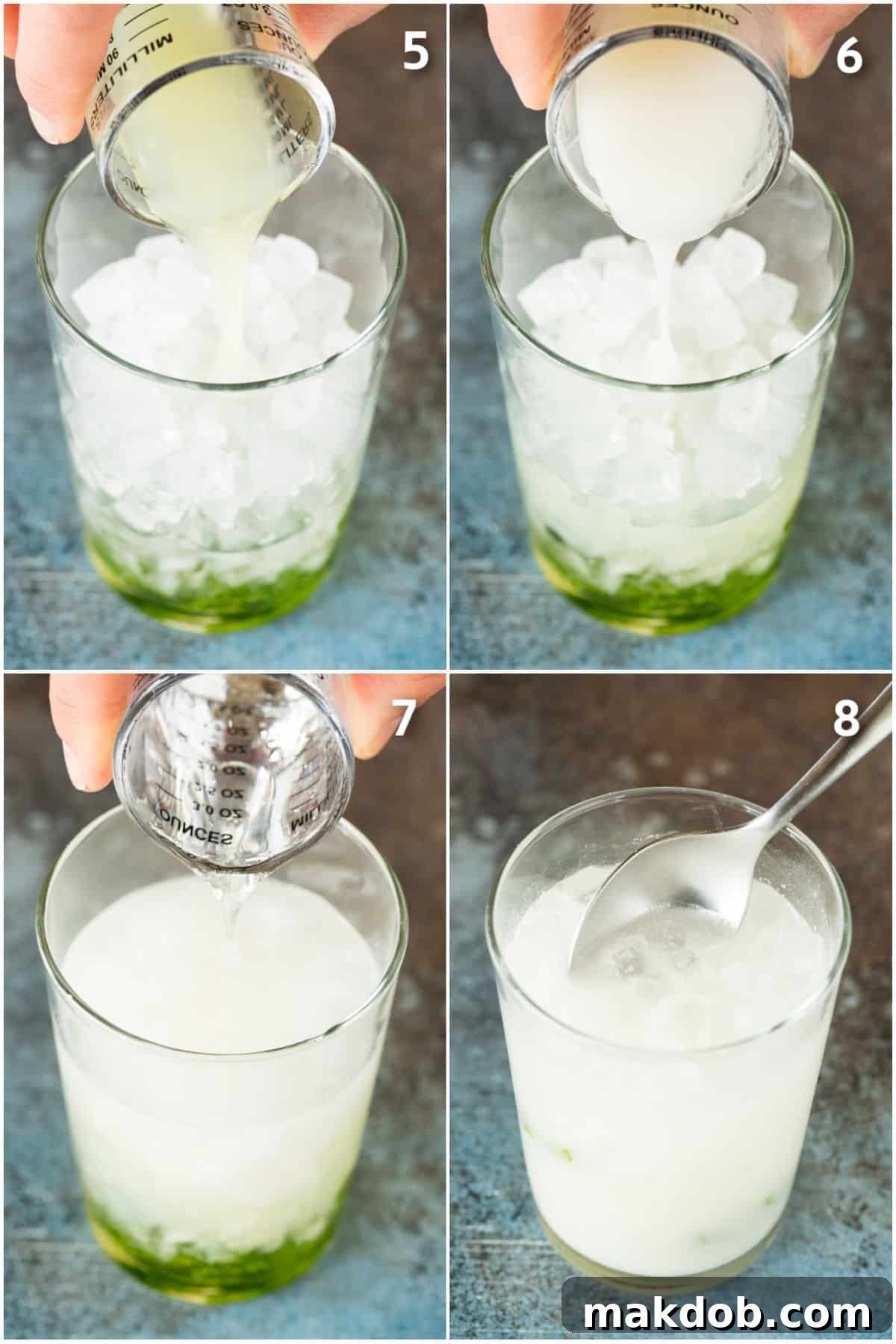 Lime juice, coconut cream and club soda being poured into a cup.