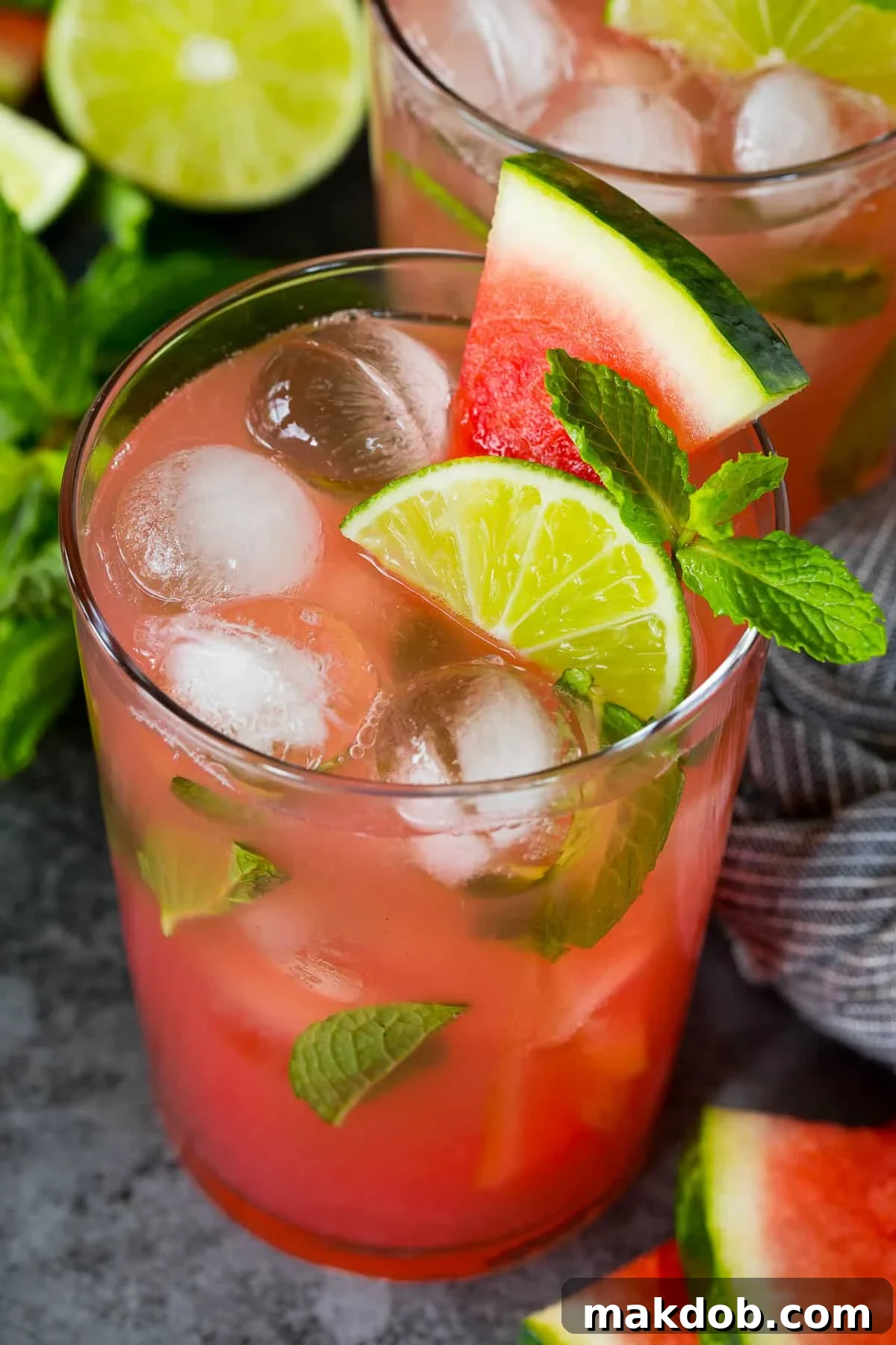 A cup of watermelon mojito topped with fresh mint, lime and fresh watermelon.