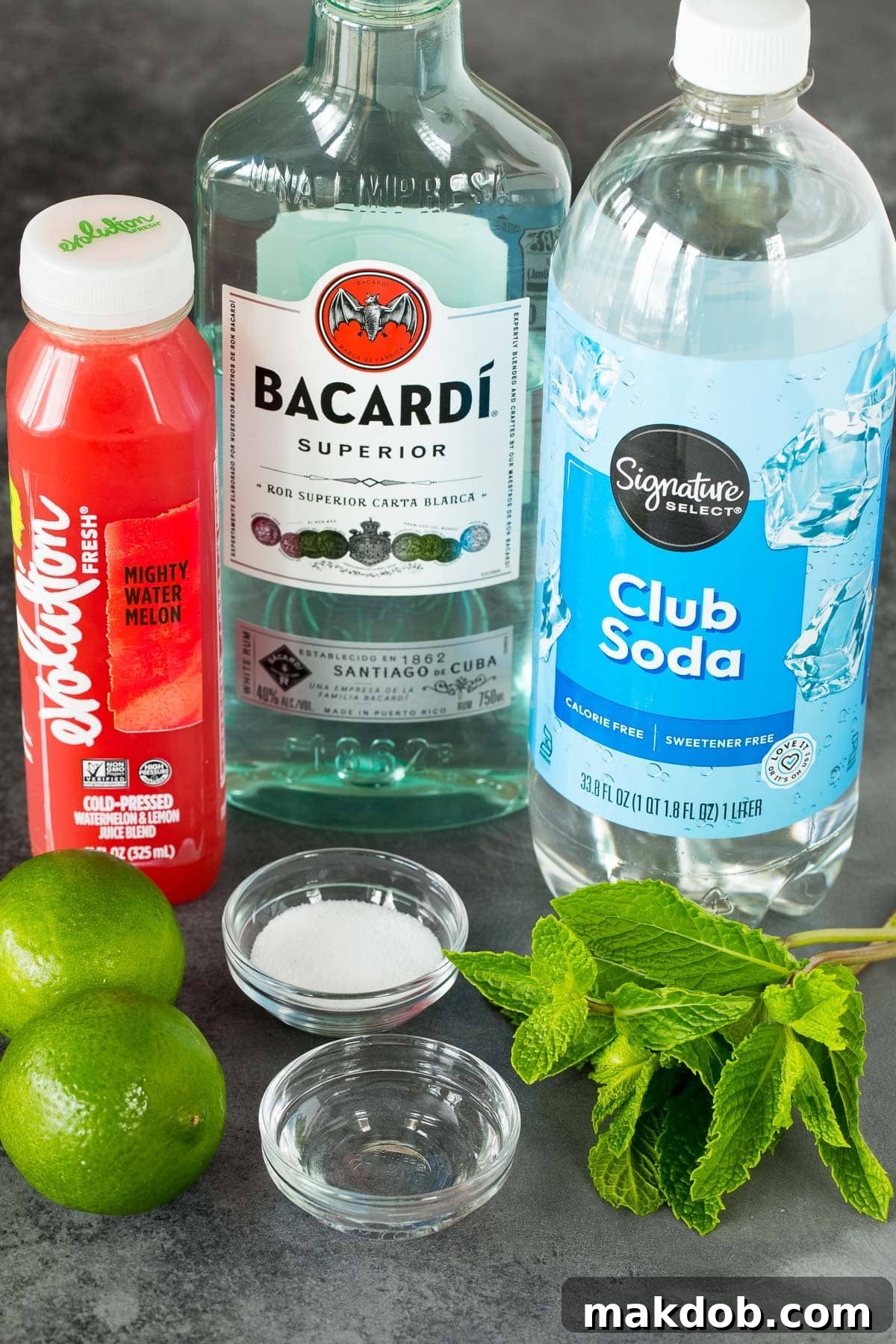 Ingredients including club soda, watermelon juice, lime and mint.