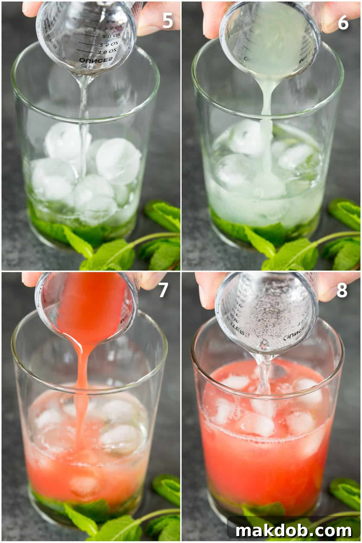 Rum, lime juice, watermelon juice and club soda being poured into a cup.